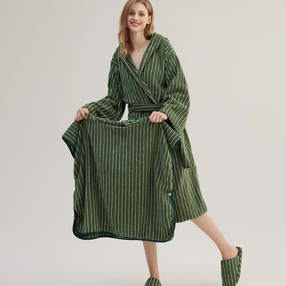 Peignoir cape rayé en pur coton avec capuche