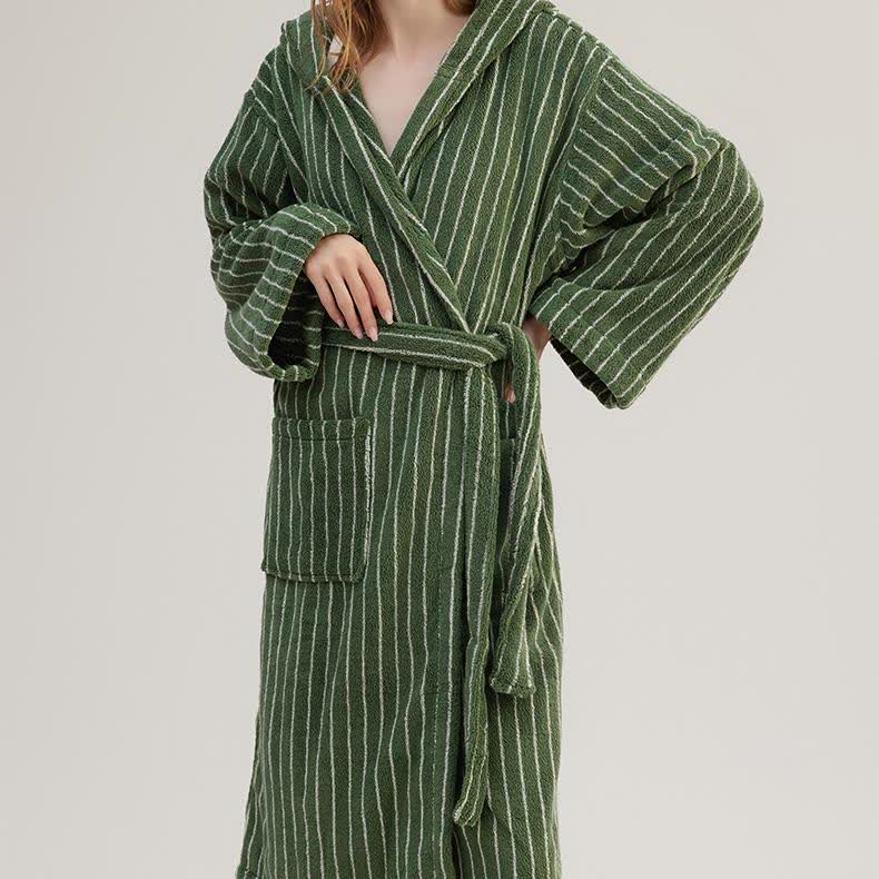 Peignoir cape rayé en pur coton avec capuche