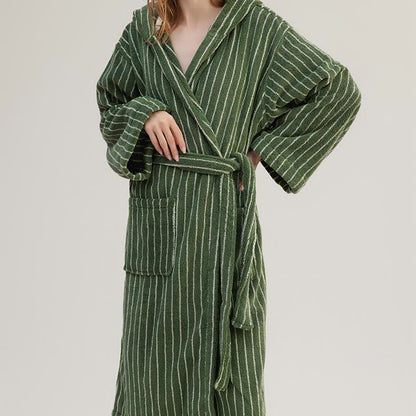 Peignoir cape rayé en pur coton avec capuche