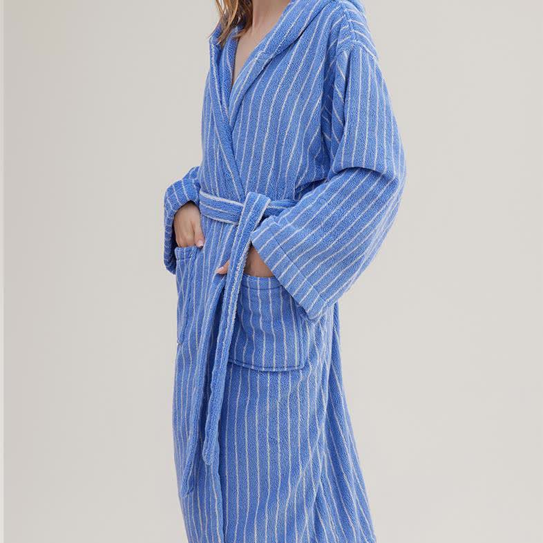Peignoir cape rayé en pur coton avec capuche