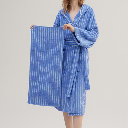 Peignoir cape rayé en pur coton avec capuche