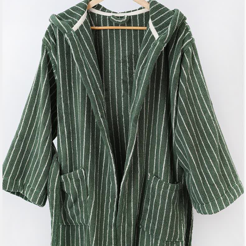 Peignoir cape rayé en pur coton avec capuche