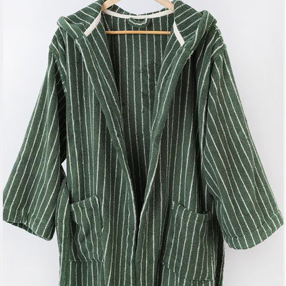 Peignoir cape rayé en pur coton avec capuche