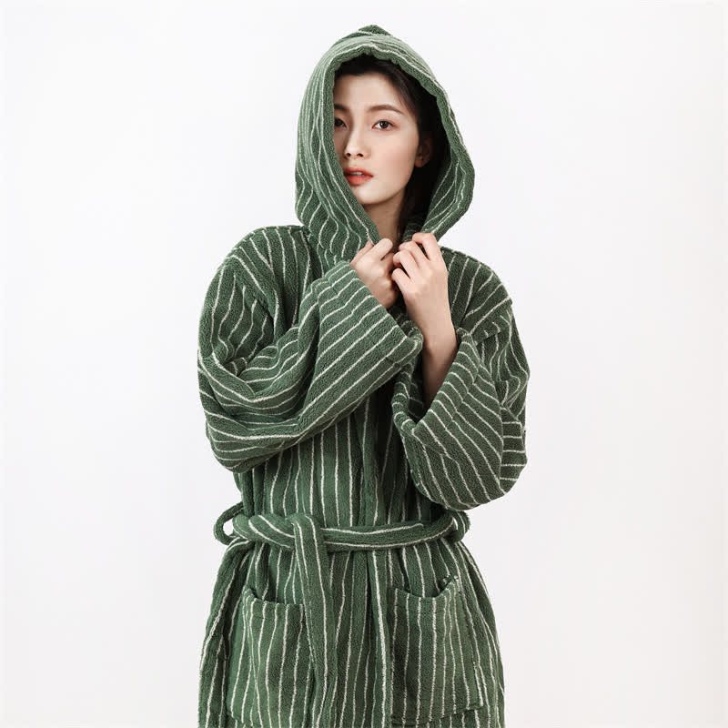 Peignoir cape rayé en pur coton avec capuche