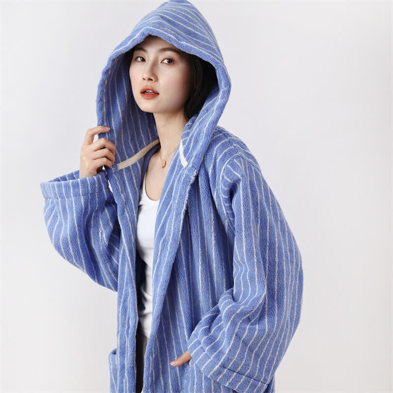 Peignoir cape rayé en pur coton avec capuche