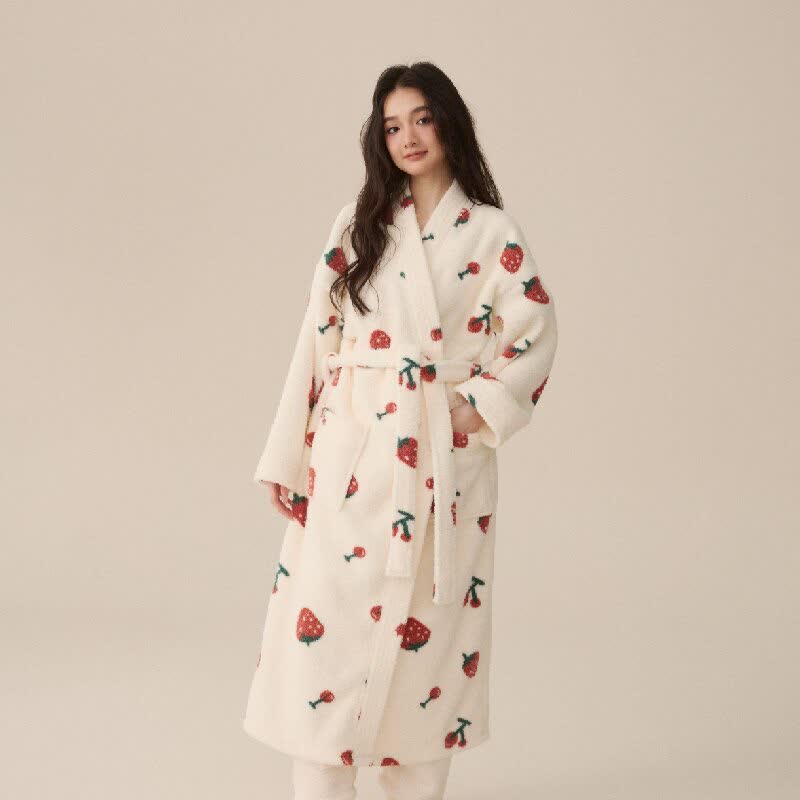 Peignoir long d'hiver en polaire à motif fraise et cerise