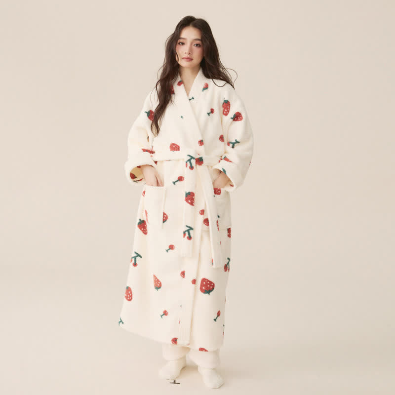 Peignoir long d'hiver en polaire à motif fraise et cerise