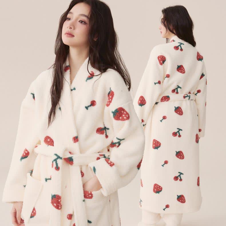 Peignoir long d'hiver en polaire à motif fraise et cerise