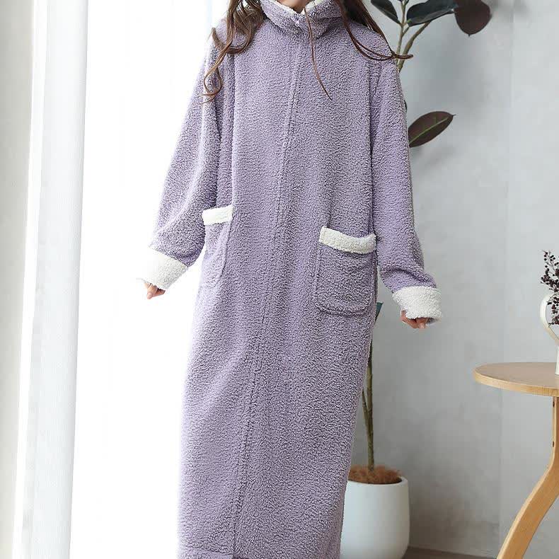 Chemise de nuit longue en polaire douce et chaude avec fermeture éclair