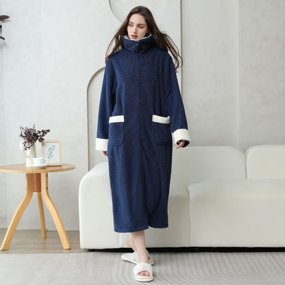 Chemise de nuit longue en polaire douce et chaude avec fermeture éclair