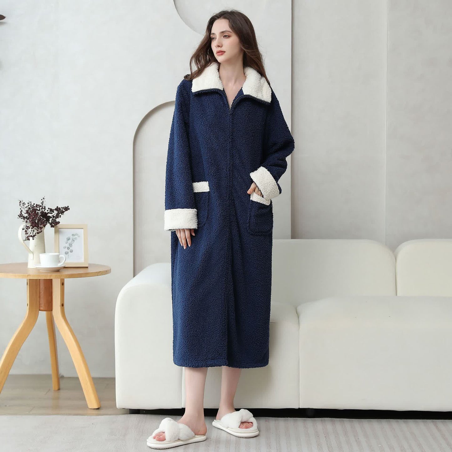 Chemise de nuit longue en polaire douce et chaude avec fermeture éclair