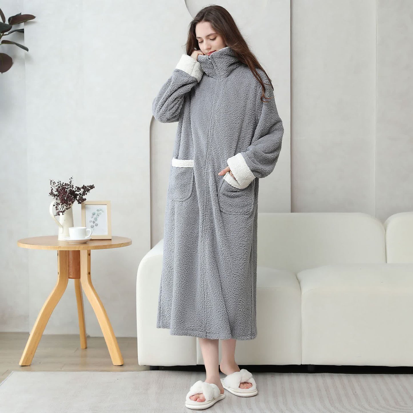 Chemise de nuit longue en polaire douce et chaude avec fermeture éclair