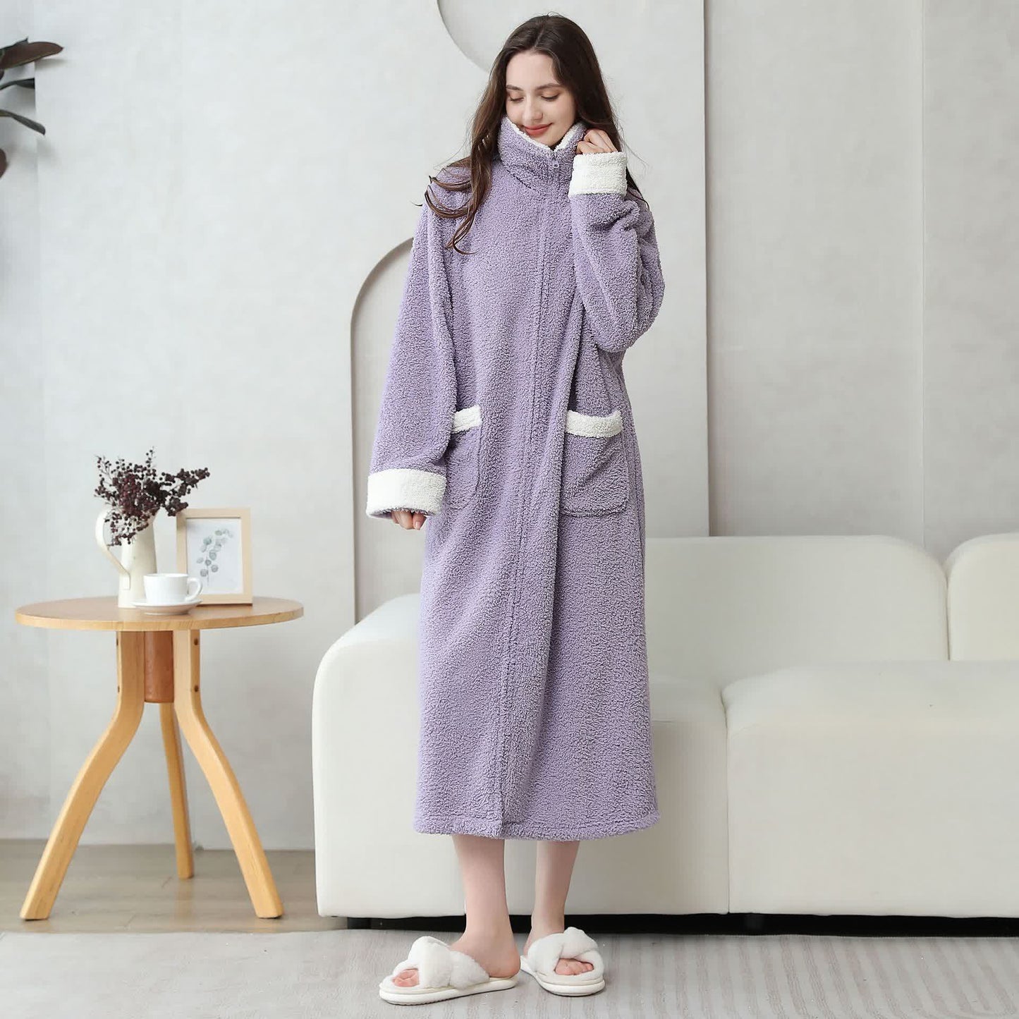 Chemise de nuit longue en polaire douce et chaude avec fermeture éclair