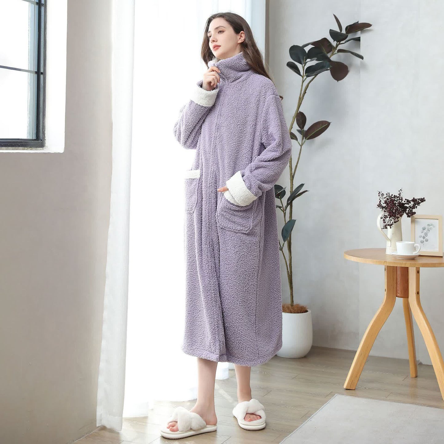 Chemise de nuit longue en polaire douce et chaude avec fermeture éclair