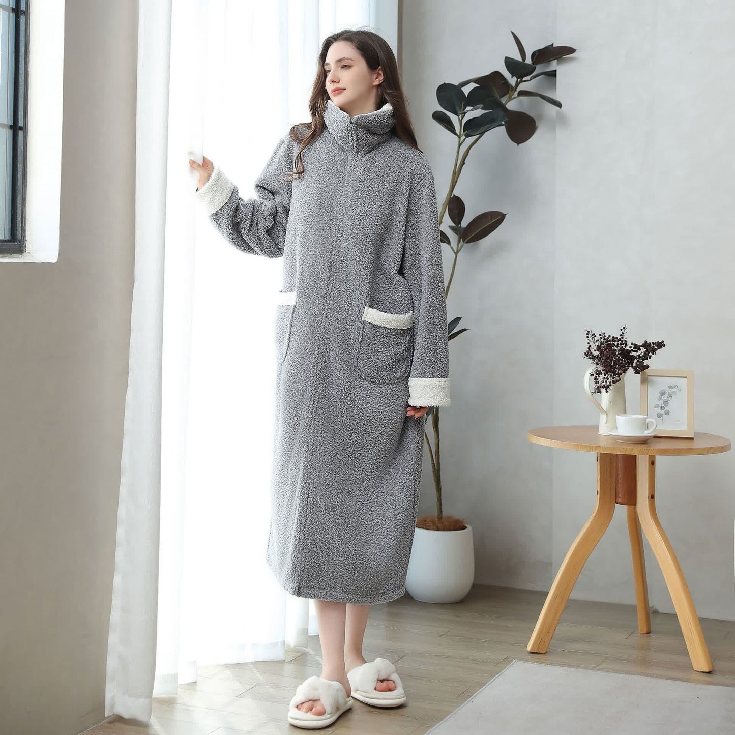 Chemise de nuit longue en polaire douce et chaude avec fermeture éclair