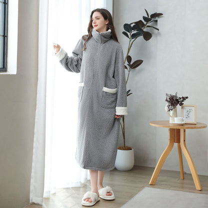 Chemise de nuit longue en polaire douce et chaude avec fermeture éclair