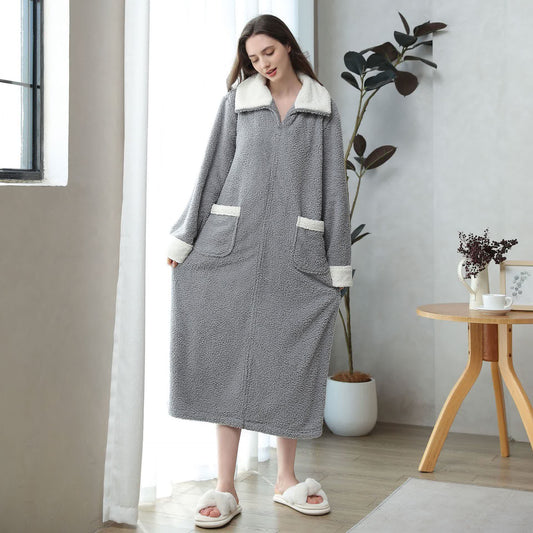 Chemise de nuit longue en polaire douce et chaude avec fermeture éclair