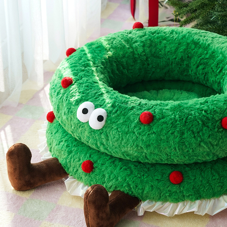 Lit pour animal de compagnie mignon et doux avec couronne de Noël