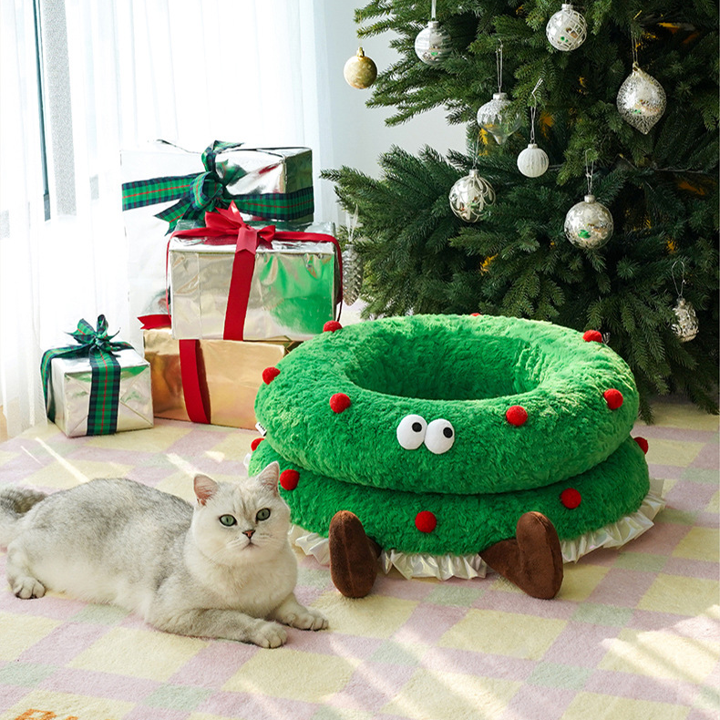 Lit pour animal de compagnie mignon et doux avec couronne de Noël
