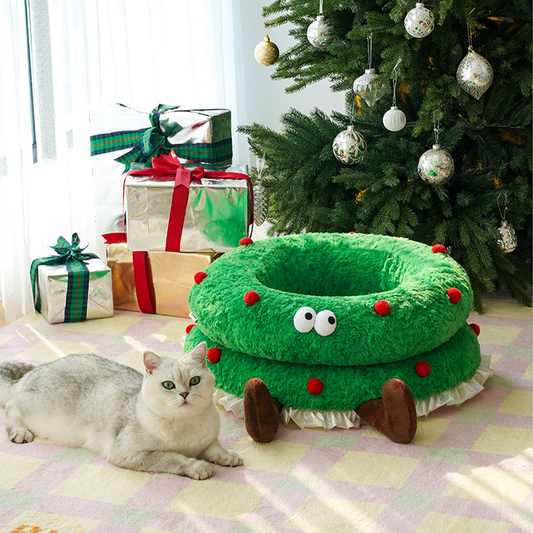 Lit pour animal de compagnie mignon et doux avec couronne de Noël