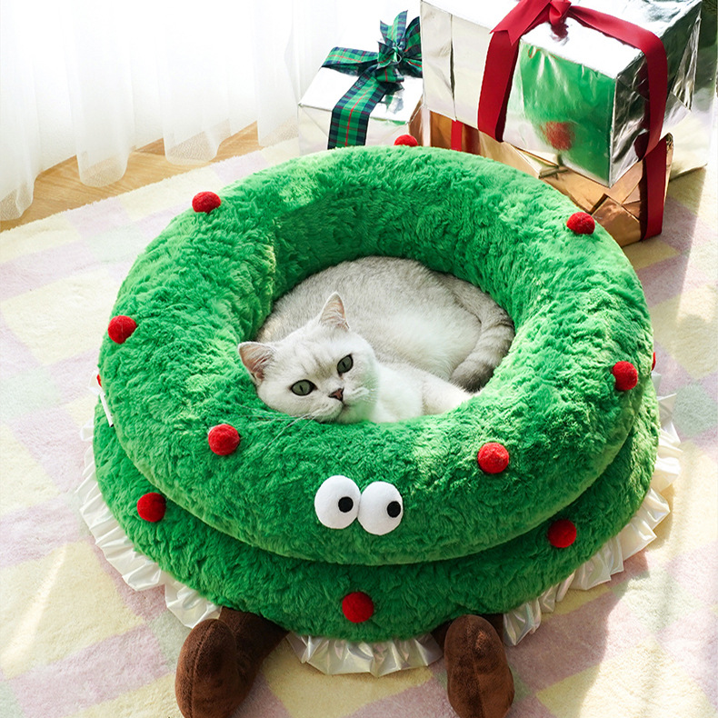 Lit pour animal de compagnie mignon et doux avec couronne de Noël