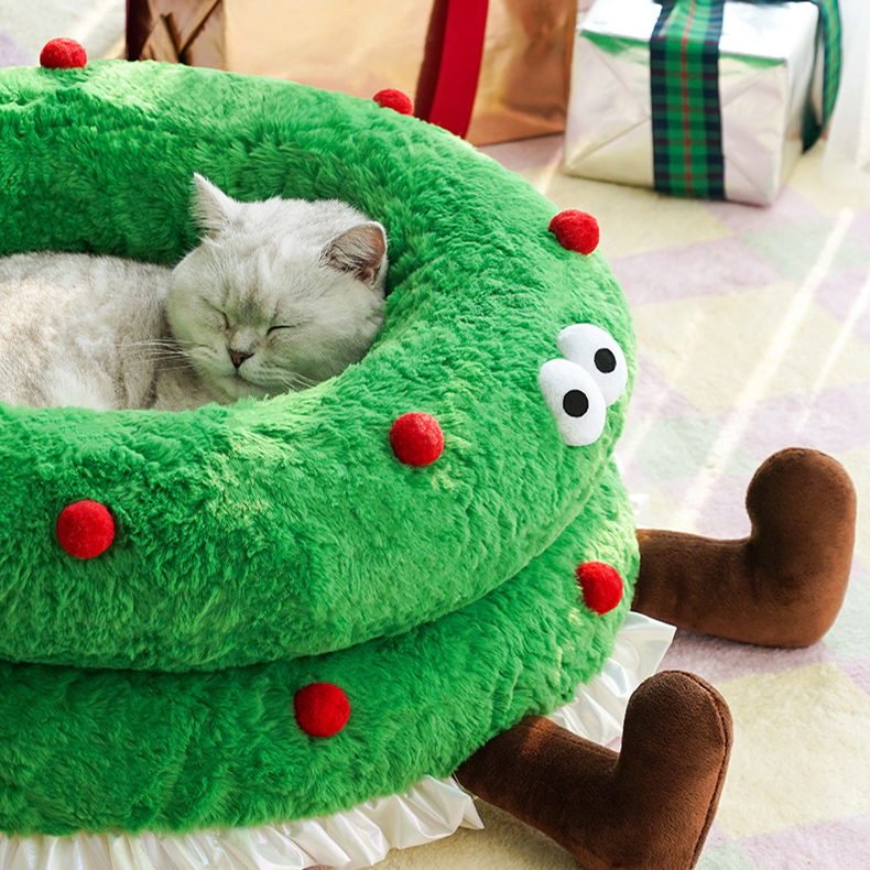 Lit pour animal de compagnie mignon et doux avec couronne de Noël