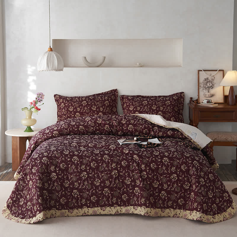 Couvre-lit matelassé en gaze de coton au motif rose rétro