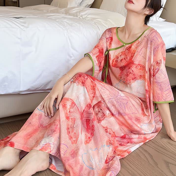 Chemise de nuit longue respirante avec motif papillon en grande taille