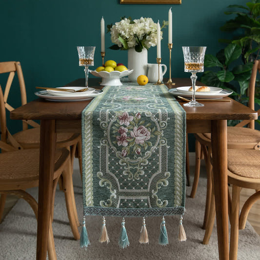 Chemin de table jacquard avec pompon floral vintage