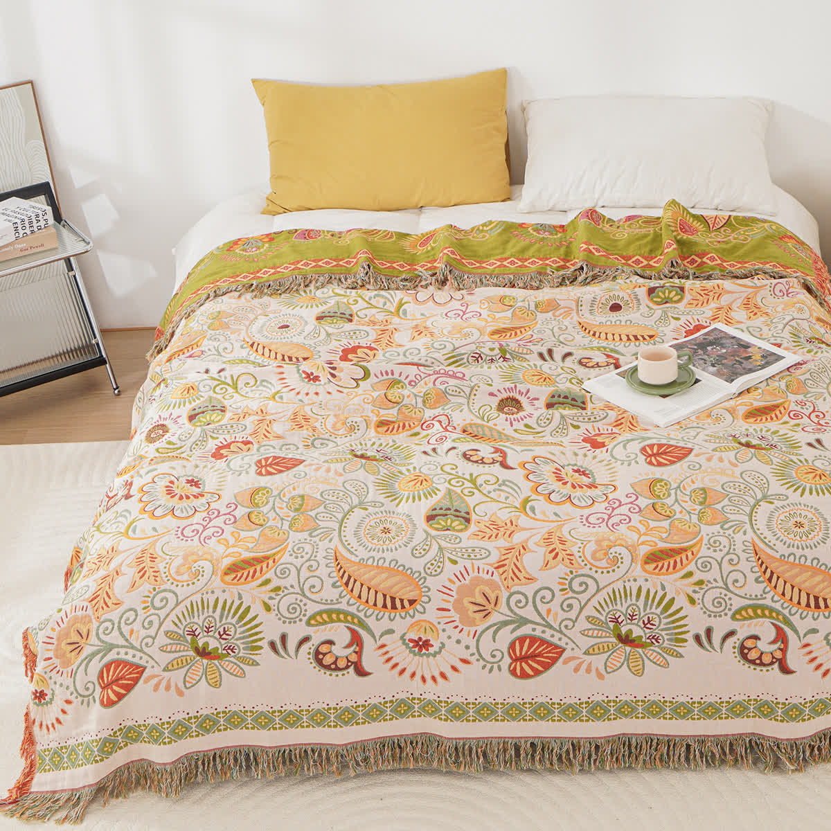 Couverture en gaze de coton à motif cachemire rétro avec pompon