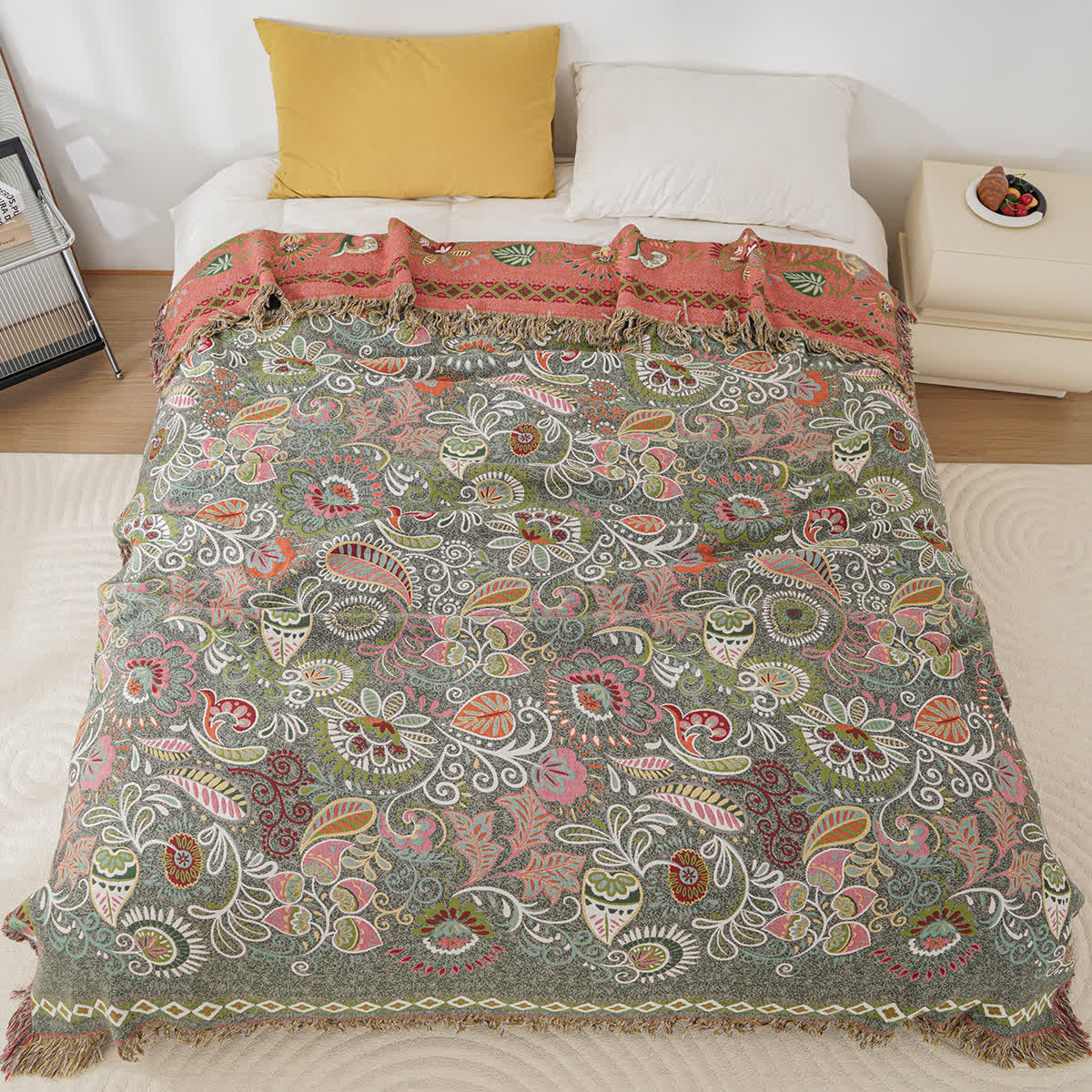 Couverture en gaze de coton à motif cachemire rétro avec pompon