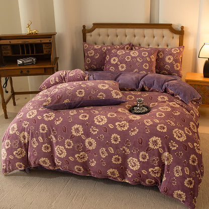 Parure de lit en velours élégante et confortable à motif floral (4 pièces)