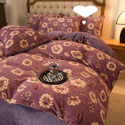Parure de lit en velours élégante et confortable à motif floral (4 pièces)