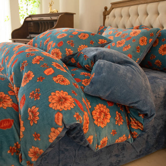 Parure de lit en velours élégante et confortable à motif floral (4 pièces)