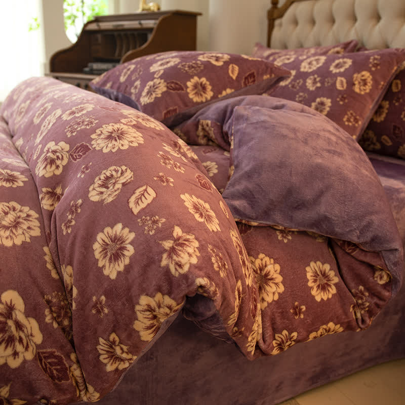Parure de lit en velours élégante et confortable à motif floral (4 pièces)