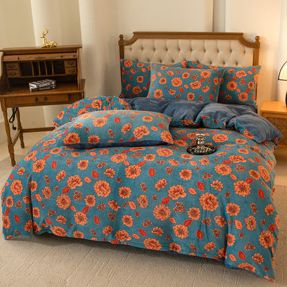 Parure de lit en velours élégante et confortable à motif floral (4 pièces)