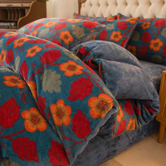 Parure de lit en velours chaud avec fleurs lumineuses (4 pièces)