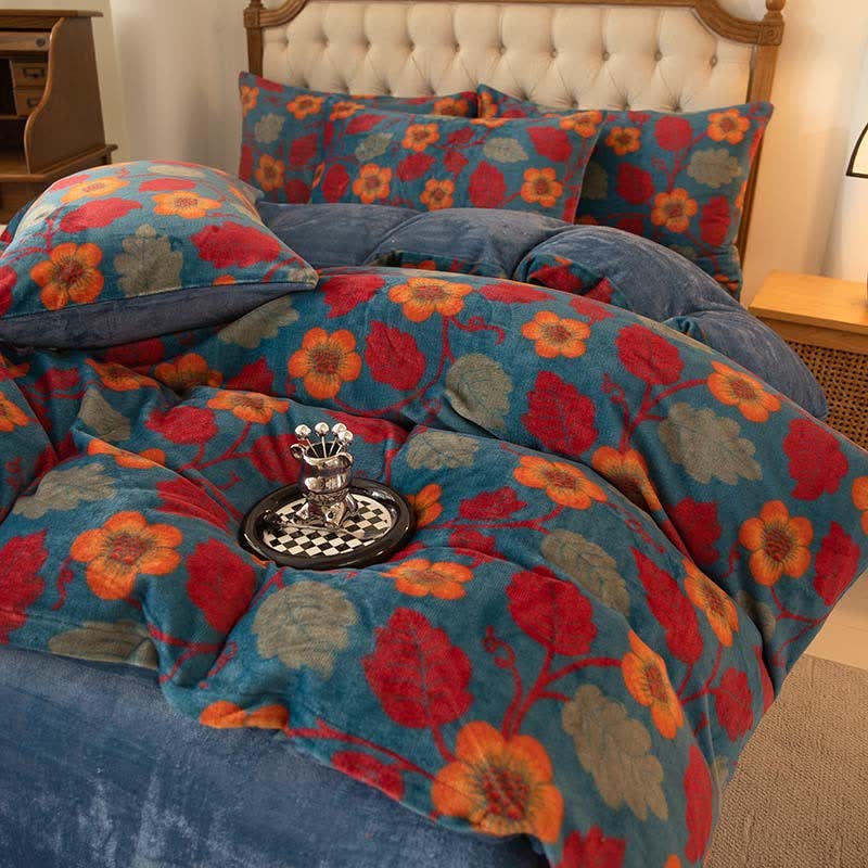 Parure de lit en velours chaud avec fleurs lumineuses (4 pièces)