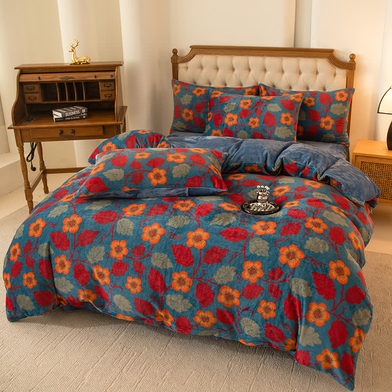 Parure de lit en velours chaud avec fleurs lumineuses (4 pièces)