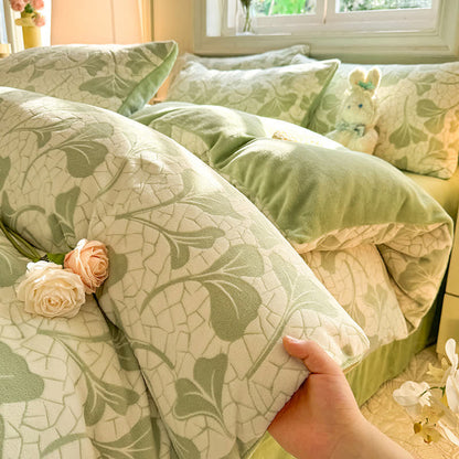 Parure de lit jacquard douce avec feuilles de ginkgo (4 pièces)