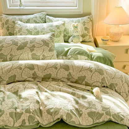 Parure de lit jacquard douce avec feuilles de ginkgo (4 pièces)