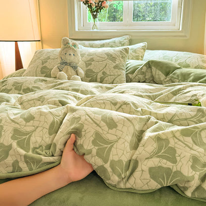 Parure de lit jacquard douce avec feuilles de ginkgo (4 pièces)