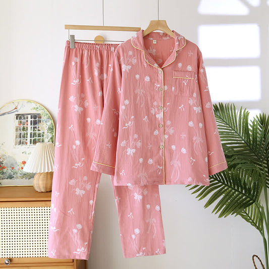 Ensemble pyjama en gaze de coton avec motif nœud et tulipe