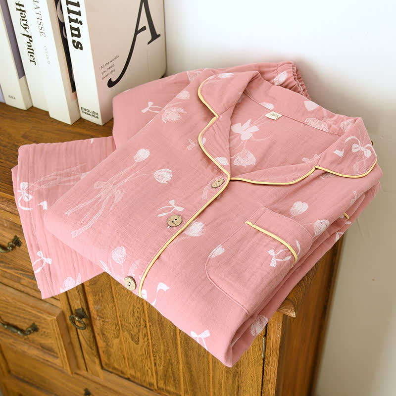 Ensemble pyjama en gaze de coton avec motif nœud et tulipe