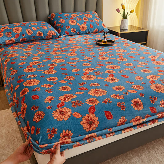 Drap-housse chaud en flanelle à motif floral pour l'hiver