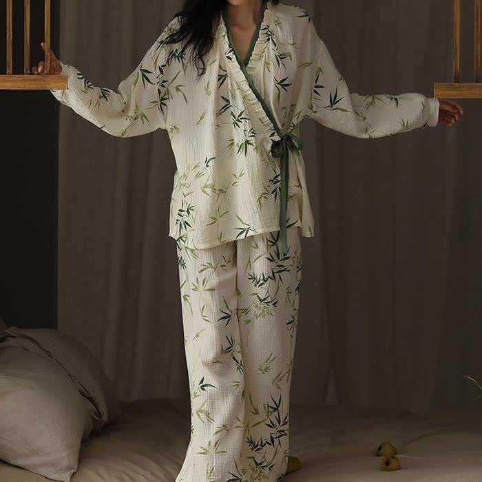 Ensemble pyjama col V en gaze de coton bambou