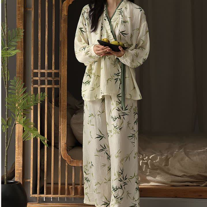 Ensemble pyjama col V en gaze de coton bambou
