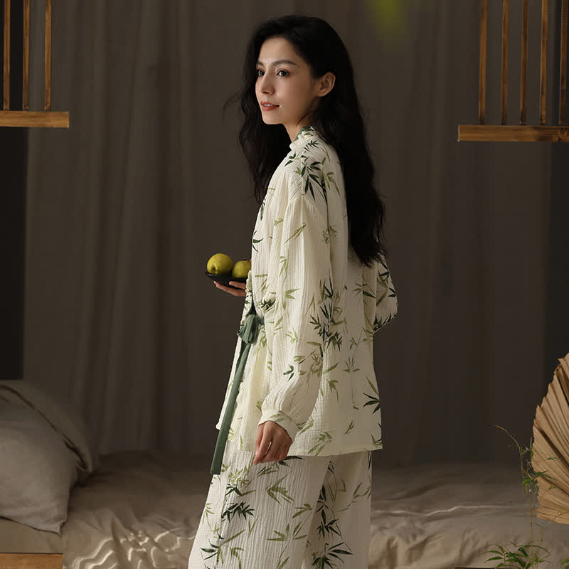 Ensemble pyjama col V en gaze de coton bambou