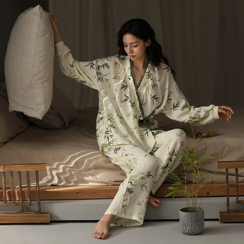 Ensemble pyjama col V en gaze de coton bambou