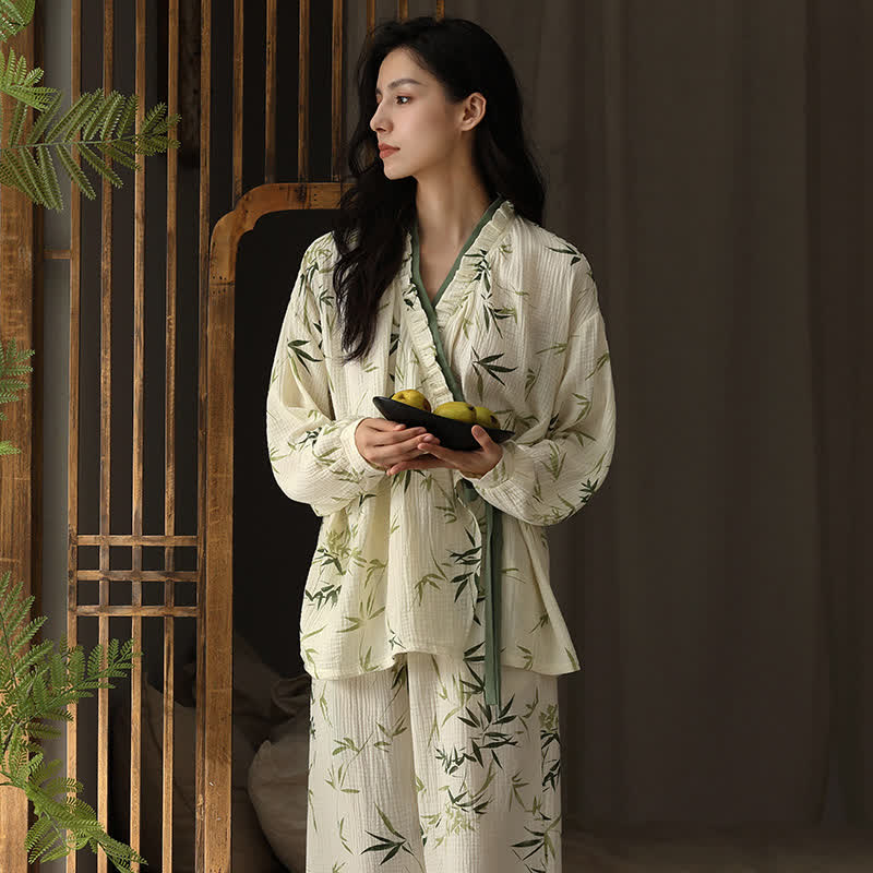 Ensemble pyjama col V en gaze de coton bambou